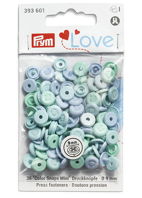 Кнопки Prym Love  "Color Snaps Mini" 9мм, круглые с имитацией стежка, голубые, мятные 